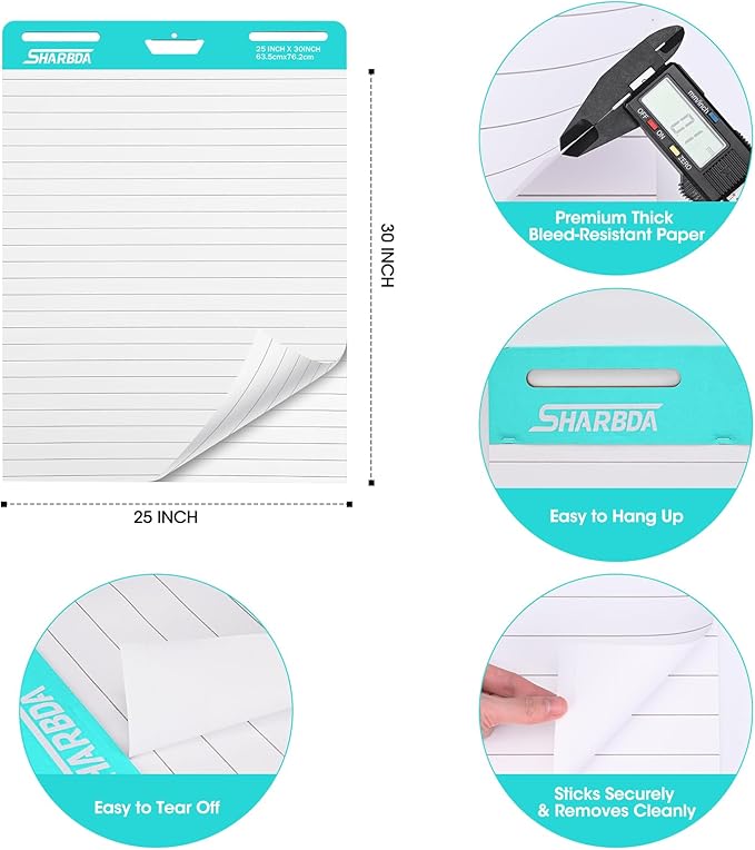 Lined Sticky Easel Pad, 25 in x 30 in,Flip Chart Paper,Sticky Chart Paper for Teachers, Large Self-Stick Easel Paper,Super Sticky & Bleed-Resistant,30 Sheets/Pad,2 Pads