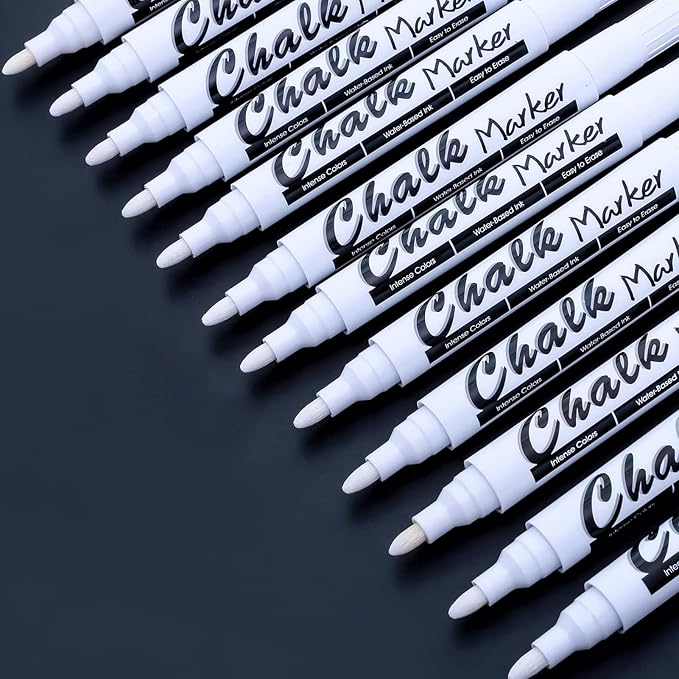Volcanics White Liquid Chalk Markers for Blackboard Window Marker for Glass Washable Crayons Window Paint Pen Chalk Pens for Glass, 12 Pack