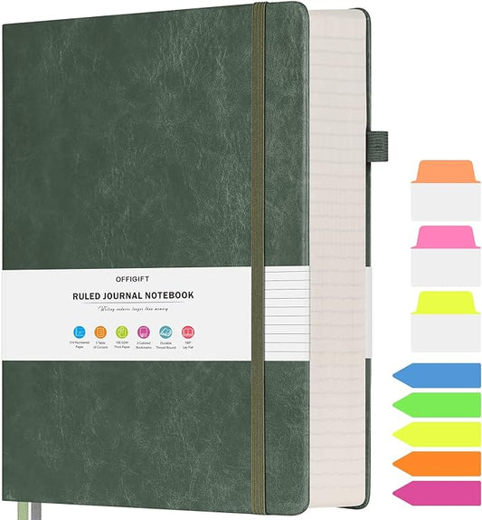 College Ruled Notebook, Large B5 Lined Journal Notebook, 314 Numbered Pages Work Notebook with Index Stickers, 100gsm Thick Paper, Hardcover Vegan Leather Journal for Women Men School Office, Green