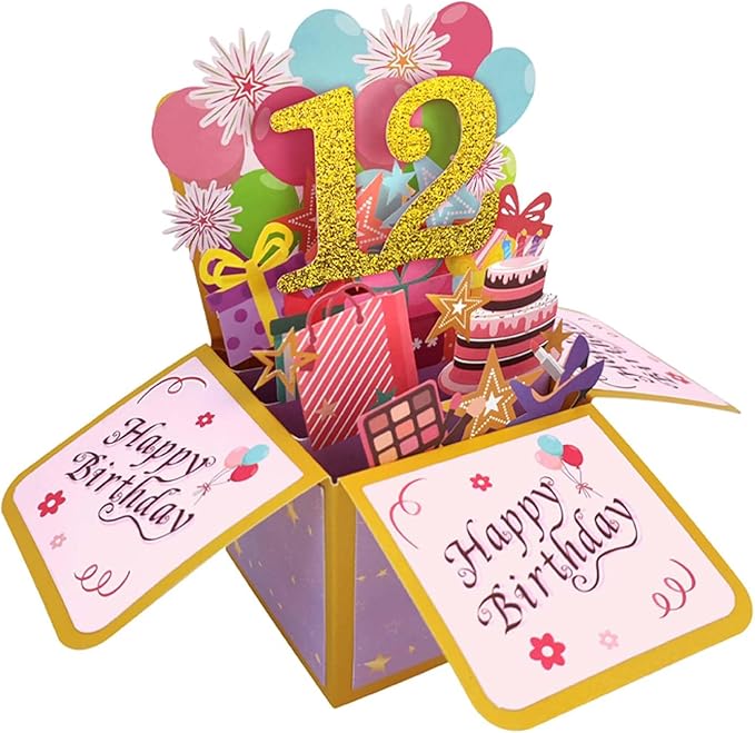 Asmallgf Sweet 12th Birthday Pop Up Birthday Card for Girl Boy, Great 12 Years Old Birthday Gift for Daughter Niece, Happy Twelve Bday Popup Card for Sister Brother, Unique 12 Birthday Gift Idea for