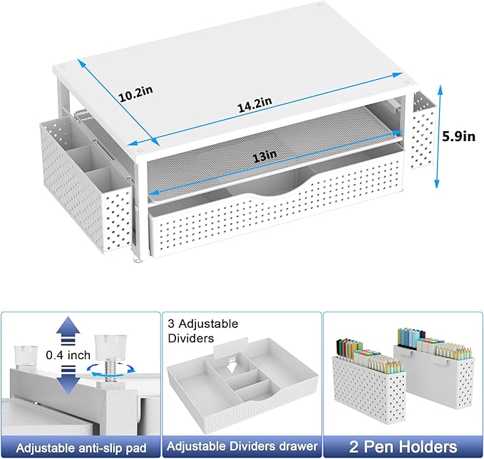 Desk Organizer and Accessories, Computer Monitor Stand Riser with Drawer and 2 Pen Holders, Office Desk Accessories & Workspace Organizers for Office Supplies (White)