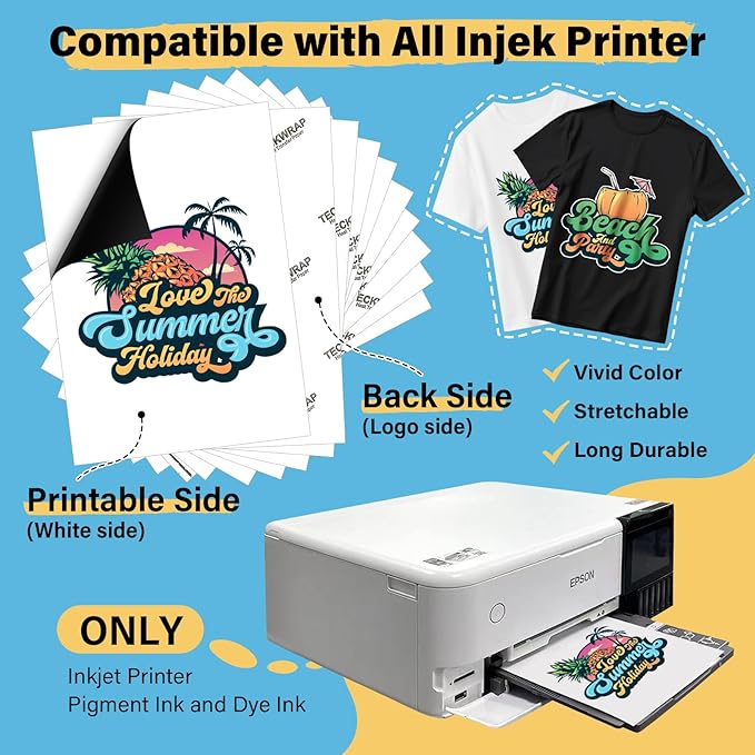 TECKWRAP Printable Heat Transfer Paper for T-Shirts 15 Sheets, 8.3" X 11.7" Printable Heat Transfer Vinyl for Inkjet Printer, Iron on Transfer Paper for Light and Dark Fabric (Matte White)