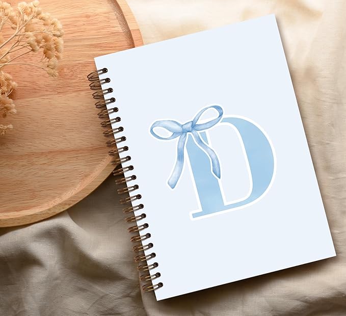Initial D Notebook Journal,Personalized Teen Girl Gifts,Coquette Trendy Preppy Blue Bow Spiral Notebook,Monogrammed Gifts for Women Teen Girl,College Ruled Hardcover Spiral Notebook 5.5 x 8.3