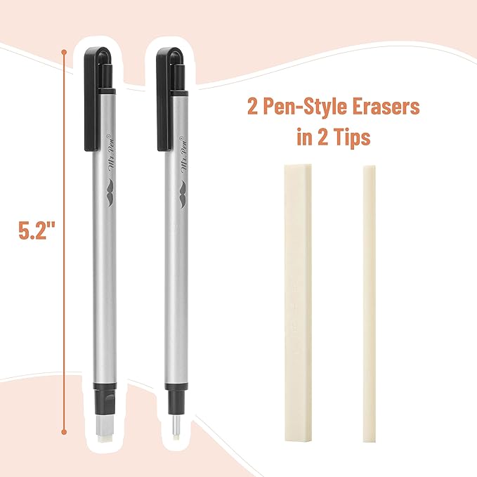 Mr. Pen- Pen Style Eraser, 2 Pack, Square & Round Tip, Eraser Pen Eraser, Pencil Erasers, Eraser Pencil, Mechanical Eraser, Art Erasers for Drawing Erasers for Drawing, Precision Eraser, Art Eraser
