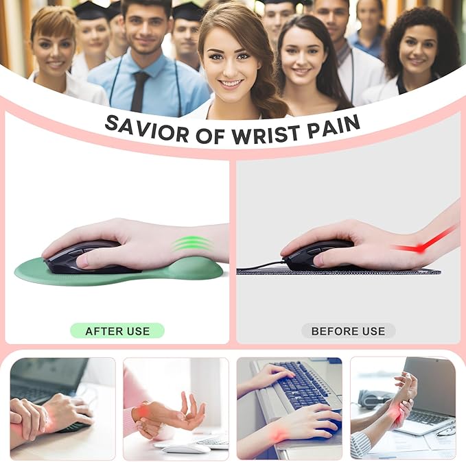 JIKIOU Mouse Pad, 2 Pack Ergonomic Mouse Pads with Comfortable Gel Wrist Rest Support and Lycra Cloth, Non-Slip PU Base for Easy Typing Pain Relief Durable and Easy to Clean Small Pastel Green