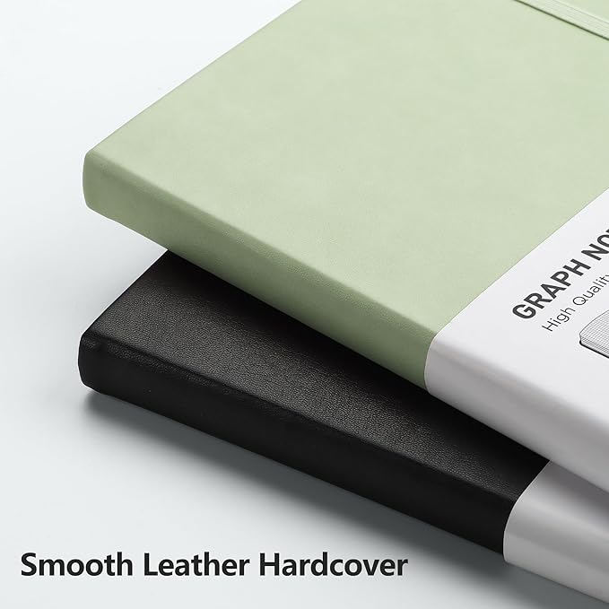 RETTACY Graph Grid Paper Notebook, 2-Pack, 192 Pages per Pack, A5 Medium Size (5.7'' x 8.3''), Leather Hardcover, 100 GSM Thick Paper, for School, Students, Math, Engineering (Black & Light Green)