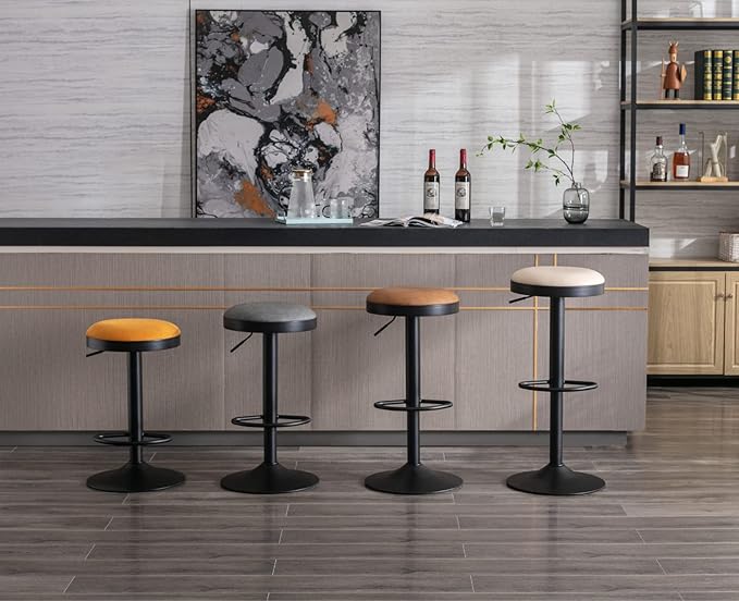 Round Swivel Counter Height Bar Stools Set of 2 Modern Adjustable Barstools Backless PU Leather Bar Chairs Industrial Island Chairs with Metal Base/Footrest for Kitchen Island/Pub/Cafe, Grey