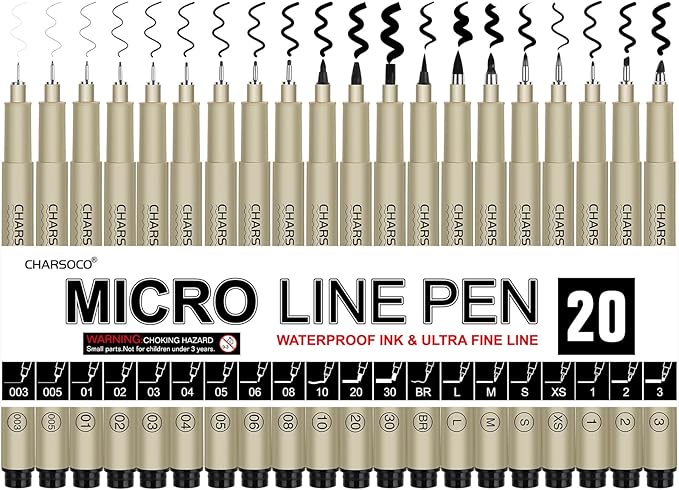 Black Micro Pens, 20 Sizes in 0.15mm - 5mm, Waterproof Archival Ink, Fine Point Pen for Artist Illustration, Sketching, Anime, Manga and Technical Drawing