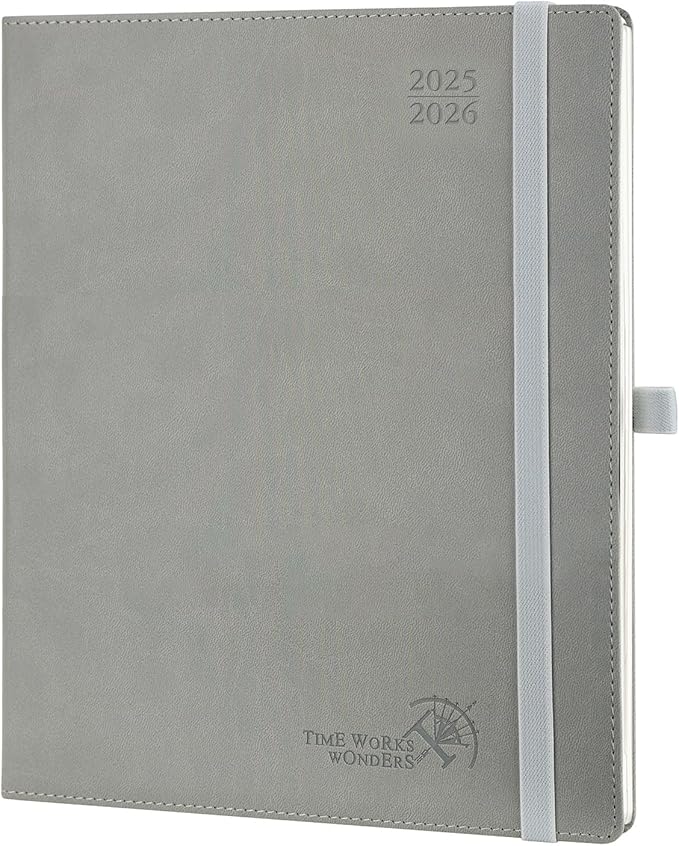 POPRUN Planner 2025-2026 (Large - 8.5'' x 10.5'') Academic Weekly Calendar (July 2025 - June 2026) with Hourly Time Slots, Monthly Tabs, 100GSM Thick Papers, Leather Soft Cover - Grey
