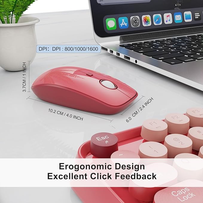 Wireless Keyboard and Mouse Combo, 2.4 GHz Wireless Full-Sized Typewriter Keyboard with Round Keycaps for Windows, Computer, Desktop, PC, Laptop (BerryPink)