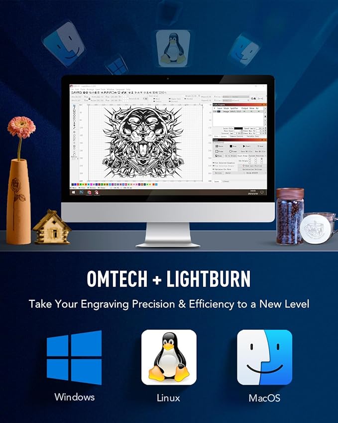 OMTech 90W CO2 Laser Engraver with LightBurn & Water Chiller, 20"x28" Laser Engraving Cutting Machine with Autofocus Autolift 4 Way Pass Air Assist, Commercial Laser Cutter for Wood Glass Acrylic More