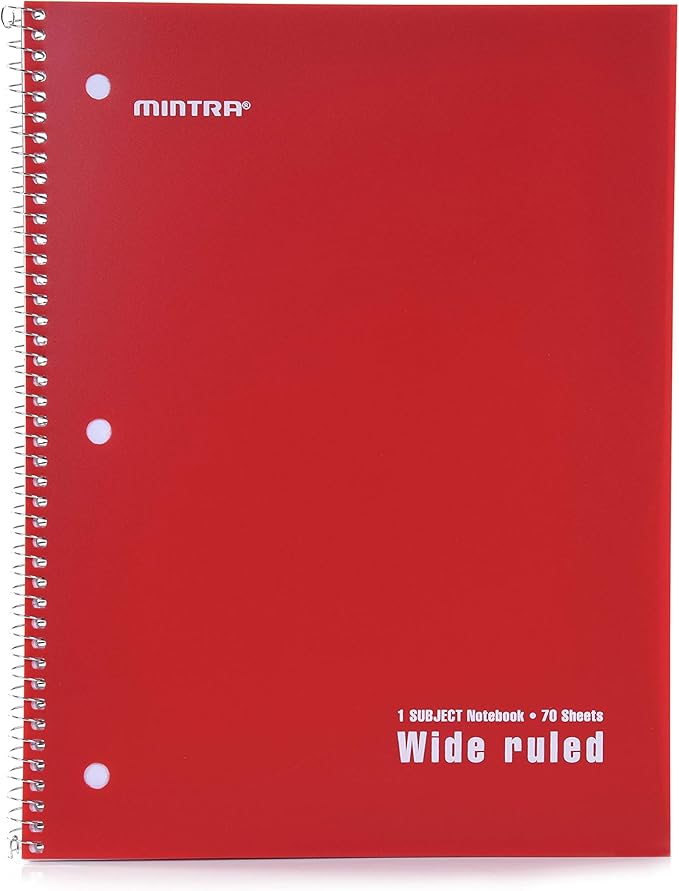 Mintra Office Spiral Notebooks - 1 Subject, Poly Cover, 70 Sheets, WIDE Ruled, 8in x 10in, Bulk Pack, Primary Color Waterproof Covers, Set of 6 - for School, Office, Business, Professional (04658)