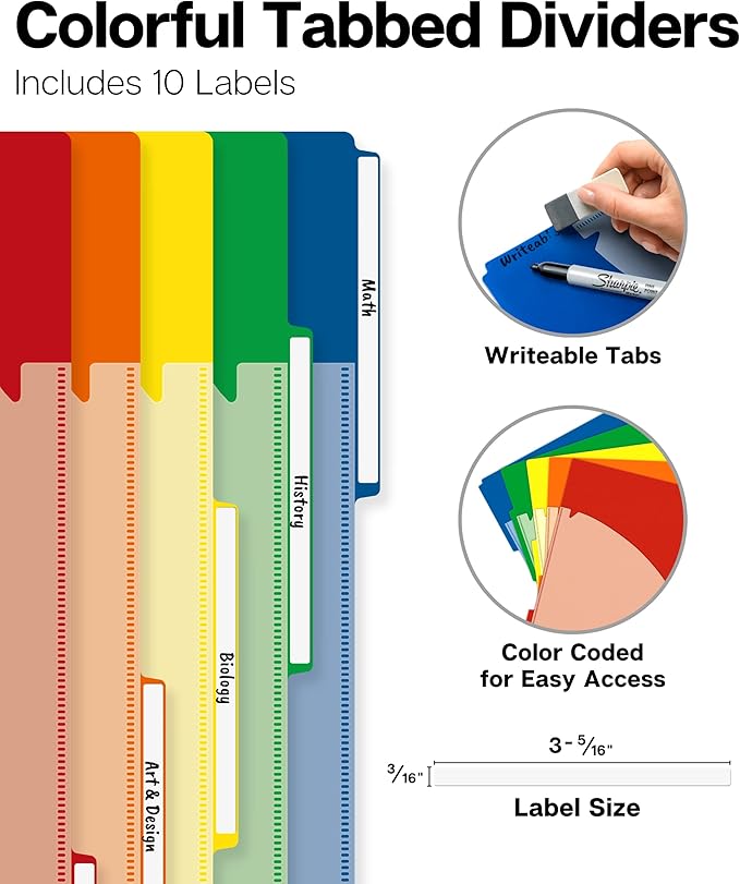 Dunwell 5-Subject Notebook, College Ruled, Colorful Movable Pocket Dividers with Tabs, Front/Back Plastic Covers, 200 Sheets (400 Pages) of 3-Hole Punch Perforated 8.5x11 Paper