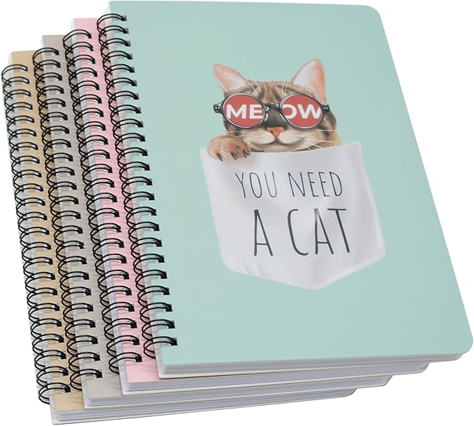 Yansanido Spiral Notebook, 4 Pcs A5 Thick Cat Design Hardcover 8mm Ruled 4 Color 80 Sheets -160 Pages Journals for Study and Notes (Cat)