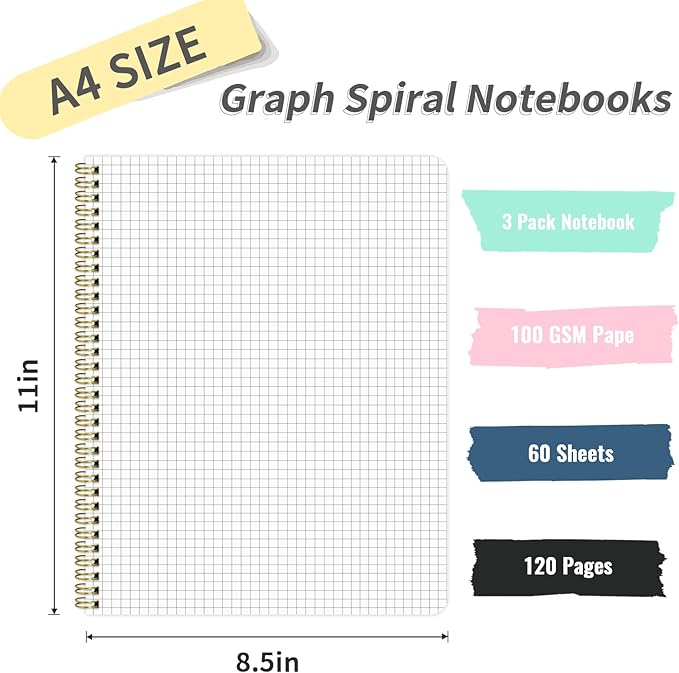 Graph Paper Notebook 8.5" x 11", A4 Blue Grid Notebook Journal Hardcover College Ruled Notebook for Work, 120 Pages 100GSM Large Thick Spiral Writing Journal for Women & Men
