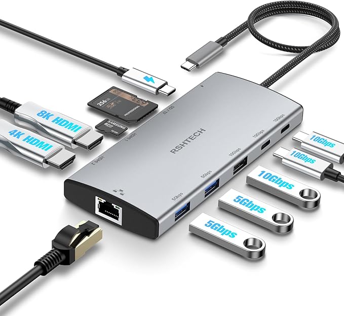 USB C Docking Station Dual Monitor, RSHTECH 11-in-1 USB C Hub Multiport Adapter with 2 HDMI 4K/8K, 3 USB 3.2 Ports 10Gbps(2C+1A), 2 USB 3.0 Ports, 100W PD, Gigabit Ethernet, SD/TF Card Reader