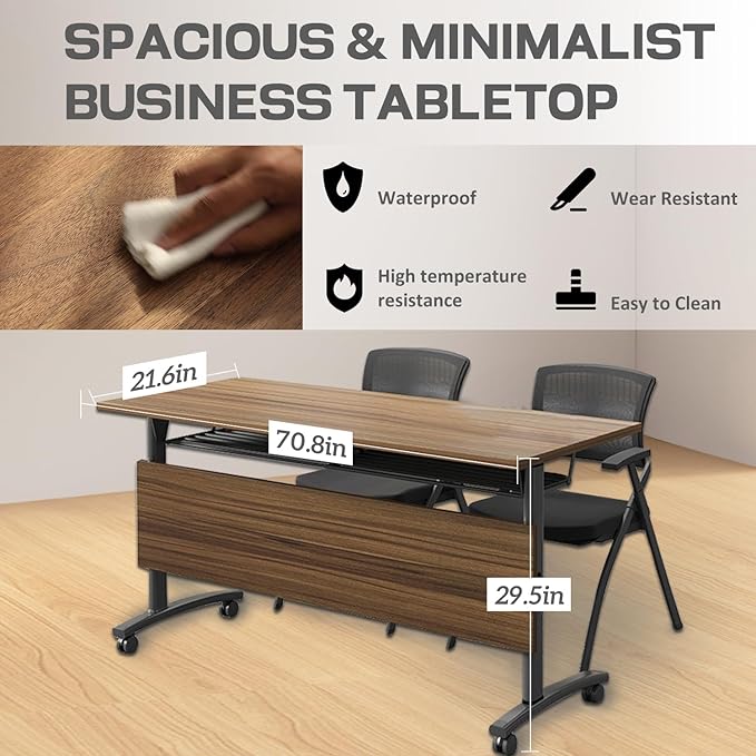 Folding Conference Table,Mobile Conference Room Tables Rolling Meeting Table with Caster Wheels,Flip Top Mobile Training Table,Foldable Rectangle Seminar Tables for Office,Classr (6pack, 70.8in)
