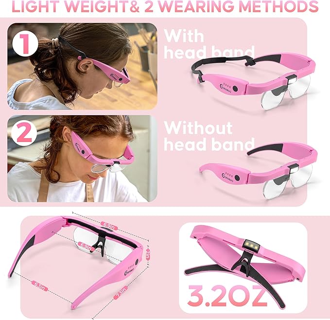Magnifying Glass with Light, 1.5X-5.0X Magnifying Glasses, Rechargeable Magnifying Headset with Light, Head Magnifier with 4 Detachable Lenses, Magnifying Glasses for Close Work Crafts Jewelry