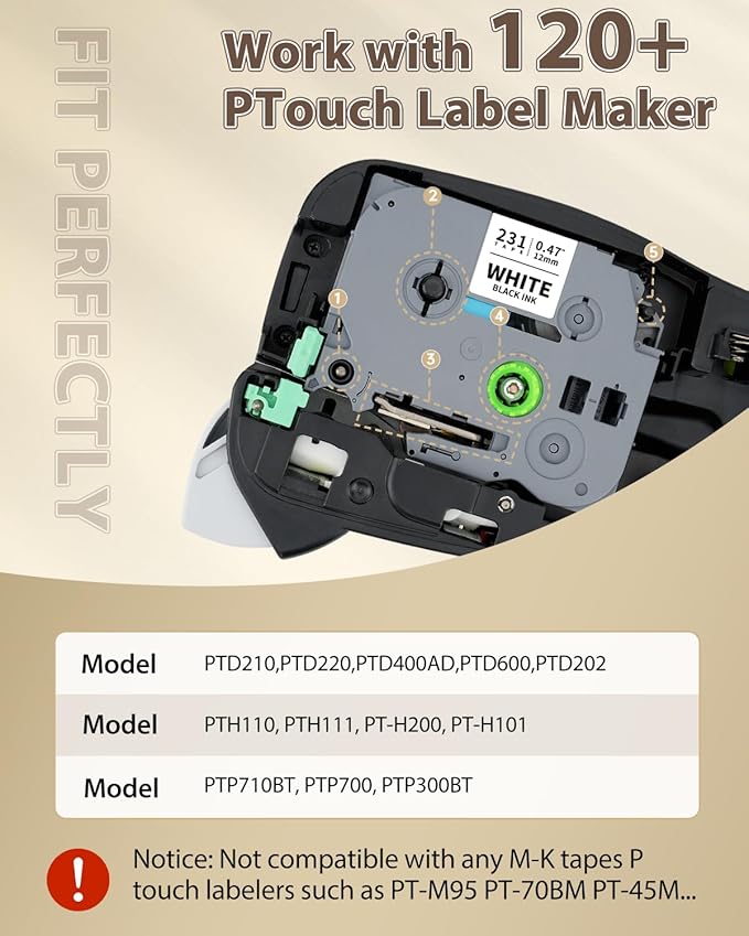Replace for Brother Label Maker Tape TZe-231 TZe231 12mm 0.47 Laminated White Tz Tape Compatible with P Touch TZe 1/2" Black on White for PT-D220 D210 H110 D200 D400 1280 1880 D610BT Refills, 6-Pack