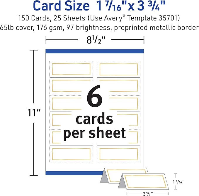 Avery Printable Place Cards with Sure Feed Technology, 1-7/16" x 3-3/4", White with Gold Border, 150 Blank Tent Cards for Laser or Inkjet Printers (35701)