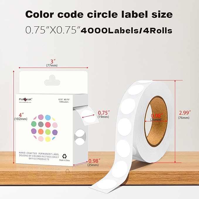 PARLAIM 0.75 inch Diameter Colored Dot Stickers 4 Rolls Pack 4000pcs White Round Label Color Coding Marking Stickers Permanent Adhesive for Garage Sale