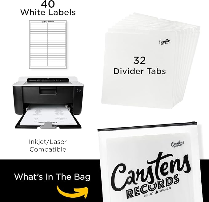 Heavy Duty Vinyl Record Dividers | 12" LP Record Dividers with Tabs | Pack of 32 Vinyl Record Separators| White | Made in The USA | Vinyl Record Organizer Tabs | Personalizable