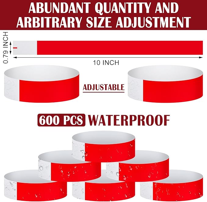 600 Packs Paper Wristbands for Events Neon Party Wristbands Colored Waterproof Paper Club Arm Bands Lightweight Identification for Concert Bar Entrance Admission(Red)