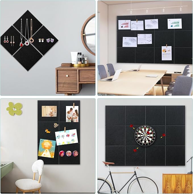 Black Cork Board 48" x 36" - 12 Pack Felt Wall Tiles with Safe Removable Adhesive Tabs - Large Cork Board for Office Classroom Home Walls Decor - Black
