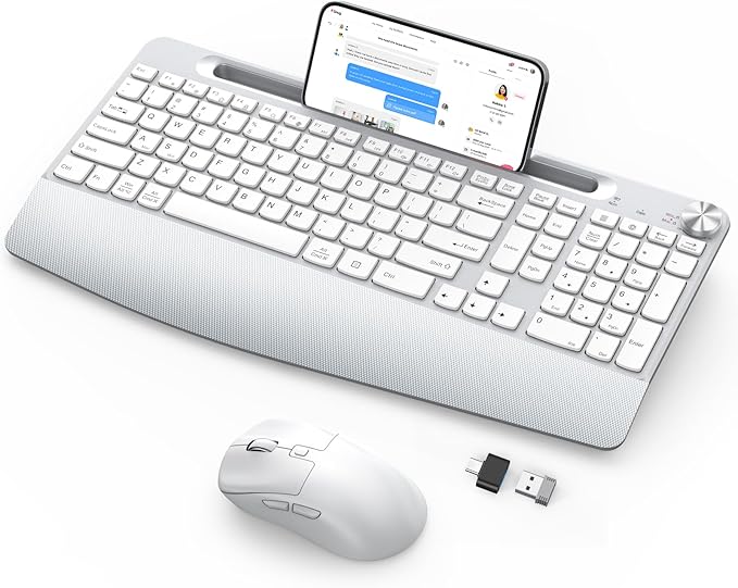 Wireless Keyboard and Mouse - Full-Sized Ergonomic Keyboard with Wrist Rest, Phone Holder, Volume Knob,2.4GHz Silent Cordless Keyboard Mouse Combo for Computer, Laptop, PC, Mac, Windows -White