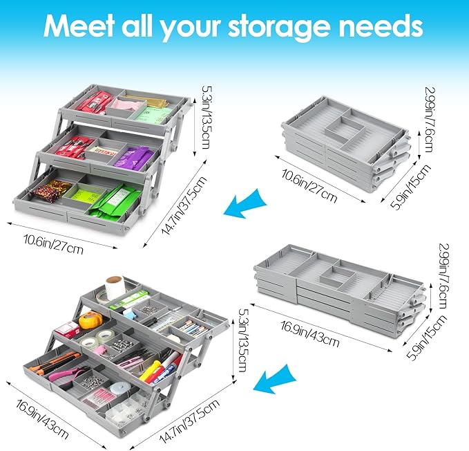 3 Tier Drawer Organizer, Multi Level Smart Drawer Organizer for Desk, Expandable Junk Organizer for Office, Makeup, Jewelry, Kitchen, Folding Storage Organizer for Home and Office Drawers