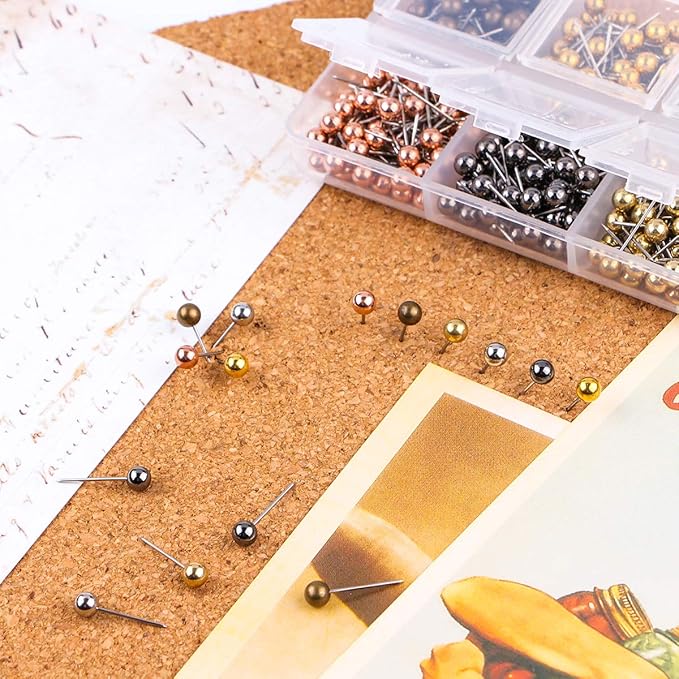 Yalis Push Pins Map Tacks 1/8-Inch Metallic Color Beads Head Marking Pins, 6 Colors, 360-count