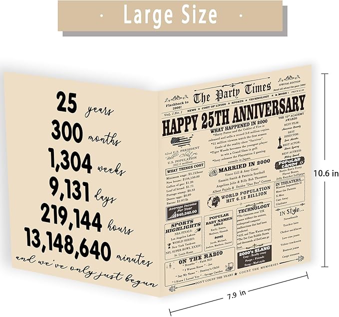 YiKaLus Large 25th Anniversary Card for Couples, Retro 25 Years Wedding Aday Gift Ideas for Him Her, Unique Silver Aday Gifts for Husband Wife