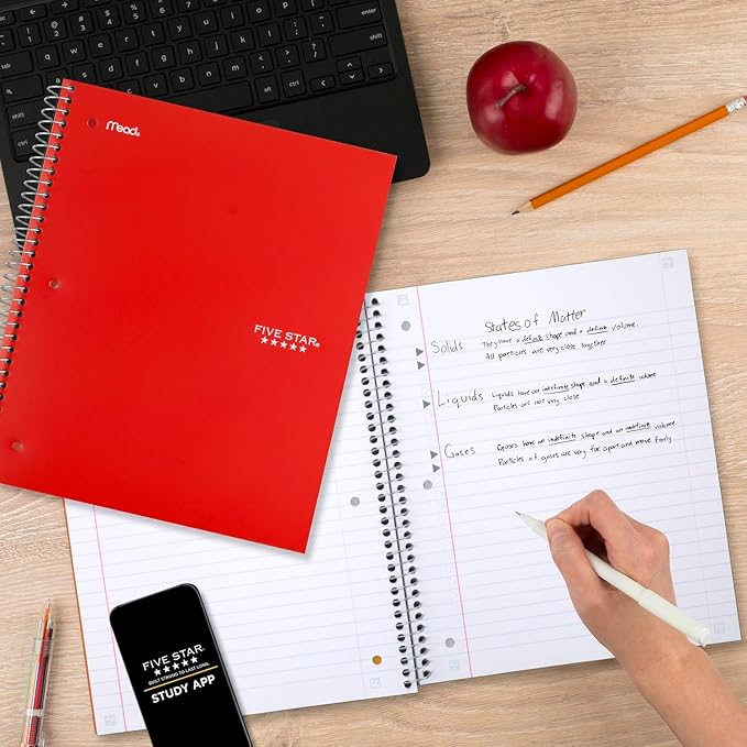 Five Star Spiral Notebook + Study App, 5 Subject, Wide Ruled Paper, Fights Ink Bleed, Water Resistant Cover, 8" x 10-1/2", 200 Sheets, Fire Red (72041)