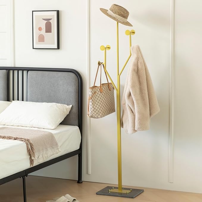 Heavy Duty Coat Rack Tree-shaped Metal Freestanding Coat Tree with Sturdy Marble Base Corner Coat Rack for Bedroom Entryway Hallway 14.96 x 10.24 x 68.9 Inches (Gold)