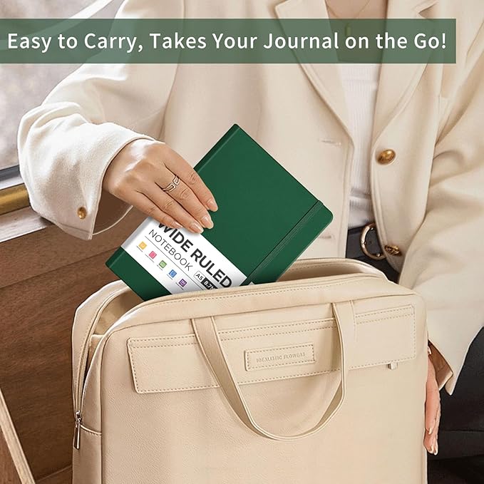 AHGXG Wide Ruled Notebook for School - Lined Journal for Women Men, 192 Numbered Pages, 100 GSM Thick Paper, A5 Hardcover Leather Notebook for Work, Writing, 5.7"×8.3" - Green