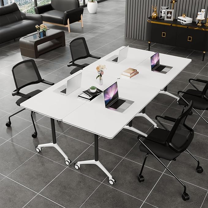 Folding Conference Table, Modern Conference Room Tables with Flip-Top Design, Foldable Conference Table Meeting Table with Wheels, Mobile Seminar Training Tables for Office Classroom (4, White 2)