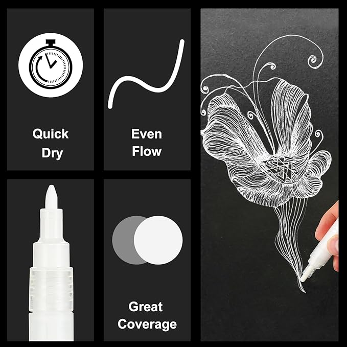 SFAIH Acrylic White Paint Pens - 8 Pack 2-3MM Medium Tip & 0.7MM Extra Fine Paint Marker for Rock Painting, Wood, Metal, Fabric, Plastic, Canvas, Glass, Ceramic, Diy Crafts, White Out Pen