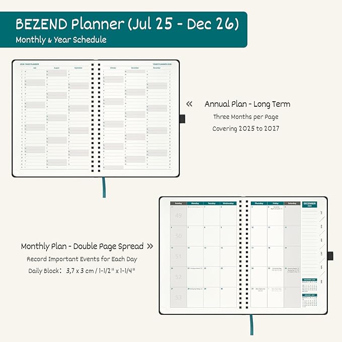BEZEND Weekly Planner 2025-2026 with 2 Columns, 5.8" x 8.5" Academic Calendar 18 Months (Jul 25-Dec 26) Life Work Appointment Book with Monthly Tab, PU Leather Softcover Spiral - Black