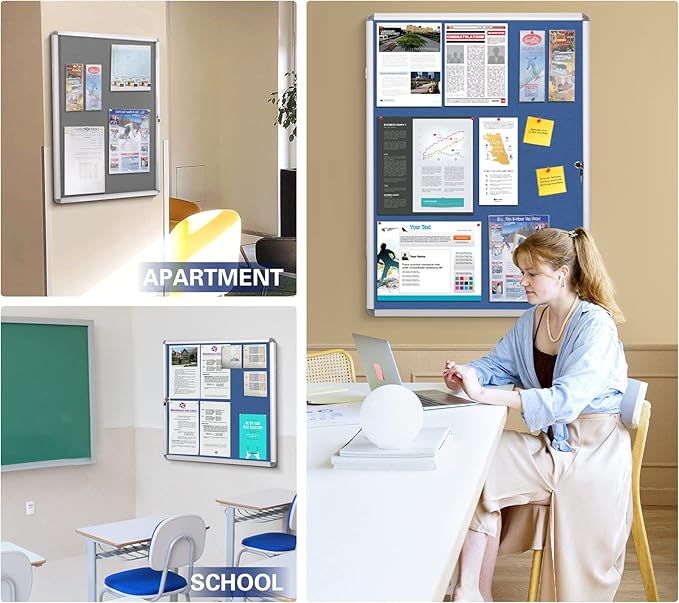 SWANCROWN Lockable Notice Board Tamperproof Enclosed Display Board for Home Office School,Wall-Mounted,Blue Fabric,26x20inch(4xA4)