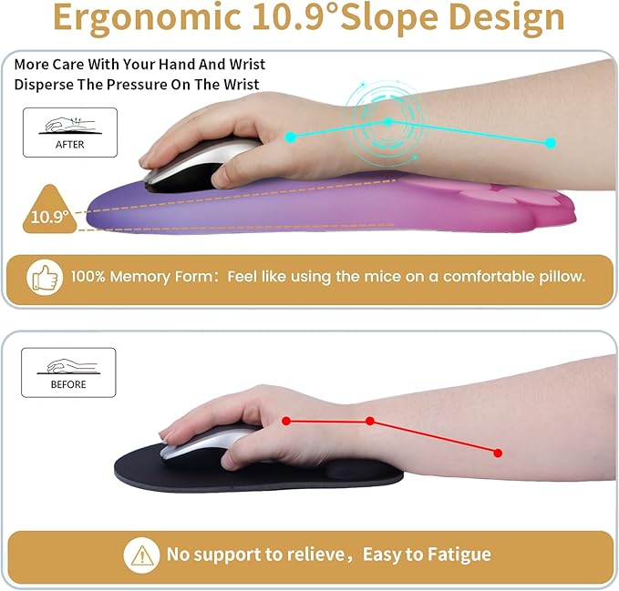 Ergonomic Mouse Pad with Wrist Rest,Cute Cat Paw Mousepad Wrist Support,Comfortable Massage Design Computer Pain Relief Mouse Pad with Non-Slip PU Base for Desk Laptop Gaming,Pink&Purple