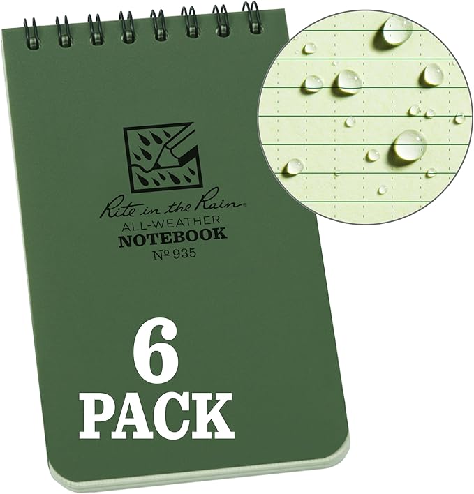 Rite in the Rain Weatherproof Top Spiral Notebook, 3" x 5", Green Cover, Universal Pattern, 6 Pack (No. 935L6)
