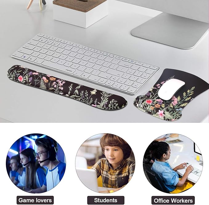 iCasso Mouse Pad and Keyboard Wrist Rest, Wrist Rest for Computer Keyboard, Made of Memory Foam with Wrist Support, Easy Typing and Relieve Wrist Pain Keyboard Pad for Computer, Office (B-Weeds)