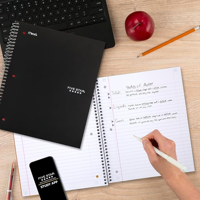 Five Star Spiral Notebook Plus Study App, 5 Subject, Wide Ruled Paper, Fights Ink Bleed, Water Resistant Cover, 8" x 10-1/2", 200 Sheets, Black (72045)