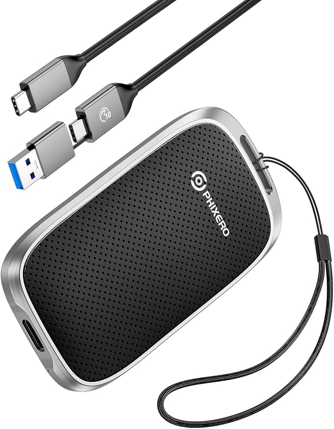 PHIXERO P5 1TB External Portable SSD - 5Gbps External Hard Drive with 2-in-1 USB C to C & USB C to A Cable for PC, Mac, PS5, Xbox | Anti-Shock, Compact Design with Lanyard Hole,Black
