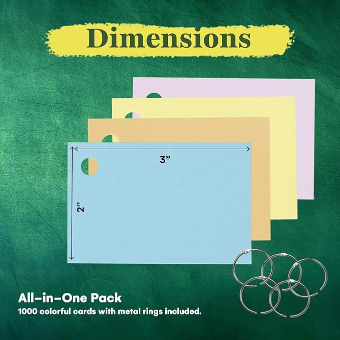 Star Right Assorted Colored Blank Flash Cards - Note Cards with Rings - 2"x3" Blank Index Note Cards, Flash Cards Blank, 1000 Pre Hole Punched Index Cards with Metal Binder Rings, Blank Flashcards