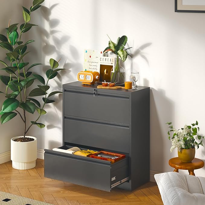 3 Drawer Lateral File Cabinet with Lock, Metal Lateral Filing Cabinet for Home Office, Steel Wide Horizontal Filing Cabinets for Letter/Legal/A4/F4 Hanging Files (Black)