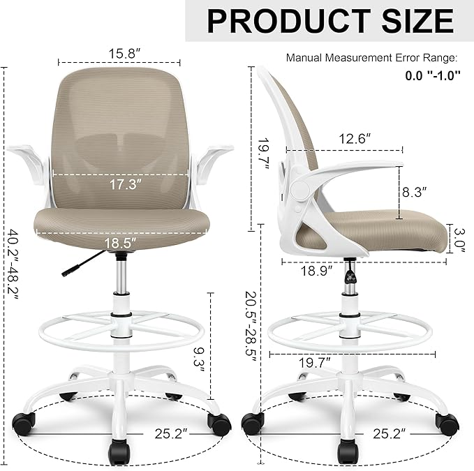 Primy Ergonomic Drafting Chair with Flip-up Armrests for Standing Desk - Tall Office Chair with Lumbar Support and Adjustable Footrest Ring（Gray）