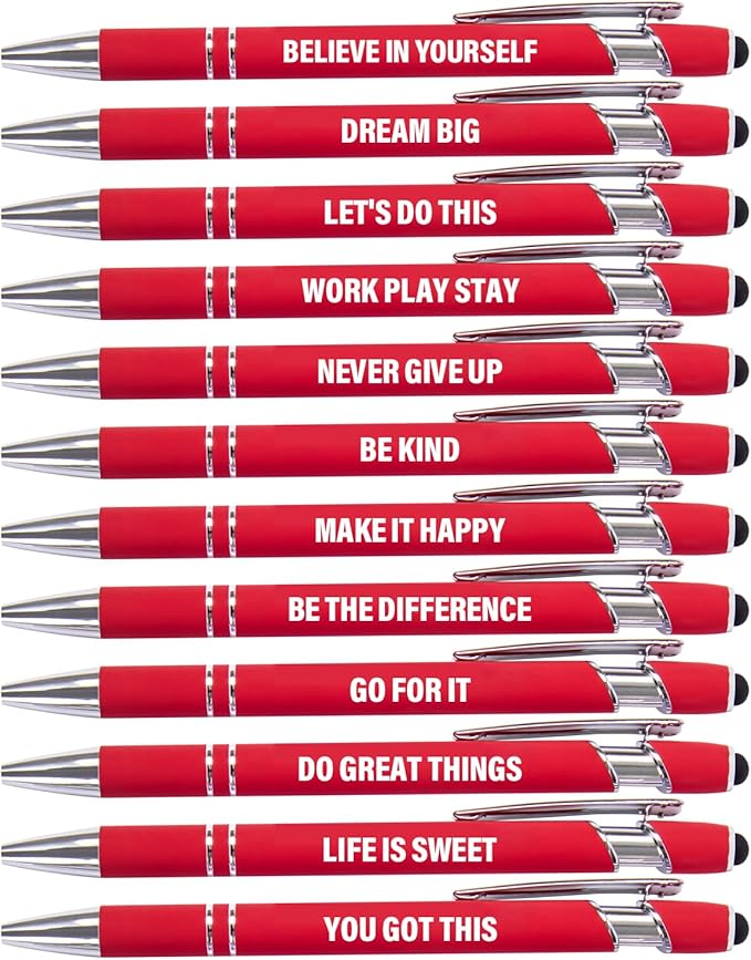 Funny Pens, 12 Pcs Pens Fine Point Smooth Writing Pens, Inspirational Ballpoint Pens with Screens Touch Stylus Tips, Red Ink 1.0 Mm Pens Gift Office Desk Accessories, Motivational Stylus Pens