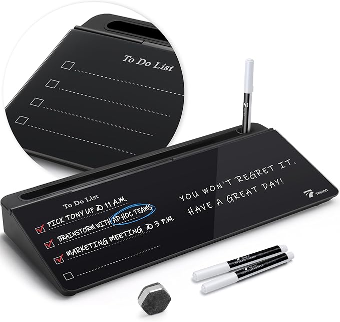 TOWON Black Desktop Whiteboard with todo List Templates, White Board Dry Erase Small for Desk, Glass Reminder Memo Notepad to-do List Dry Erase with Storage, Lined & Free Section, 16x7 Inches