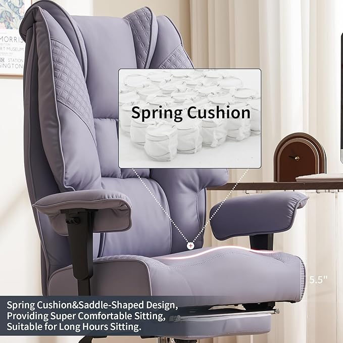 Big and Tall Office Chair 400lbs Wide Seat, Leather High Back Executive Office Chair with Foot Rest, Ergonomic Chairs Lumbar Support for Lower Back Pain Relief (Light Purple)